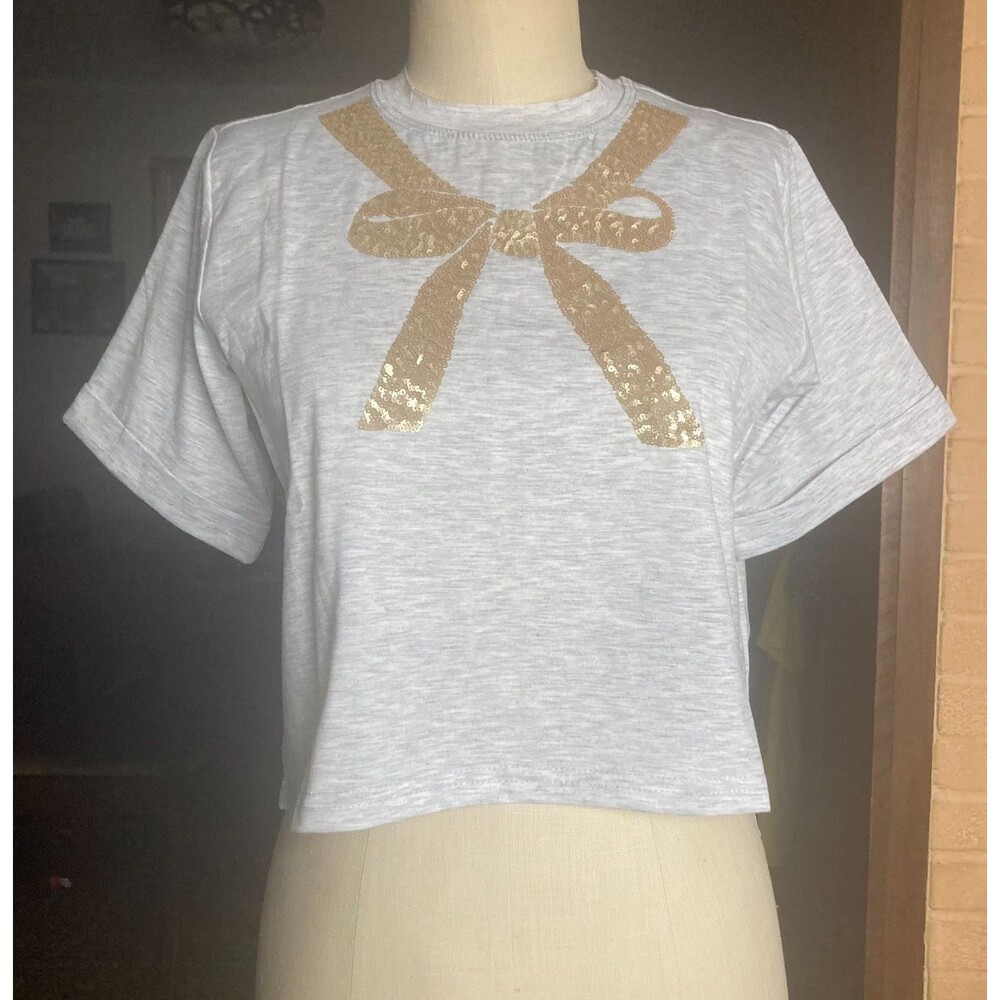 Mia Joy Joyfolie 14 Sparkle Bow Top Gardenia Gold Sequin Crop Tee Balletcore Y2K